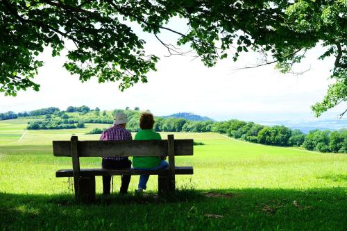 two people sitting on a bench looking out over a field at Hotel-Pension Waldeck in Todtmoos