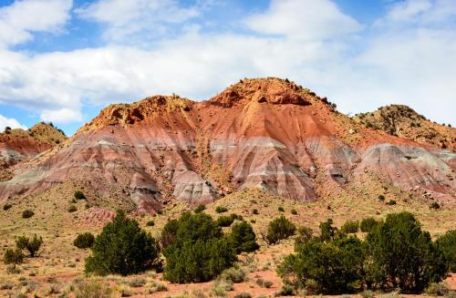 a mountain in the desert with trees in the foreground at Casa de Tres Lunas/House of Three Moons in Santa Fe