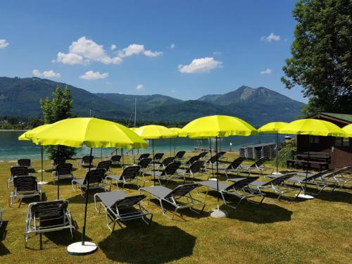 a bunch of chairs and umbrellas in the grass at Hotel Försterhof lebe pur, genieße den Tag in St. Wolfgang