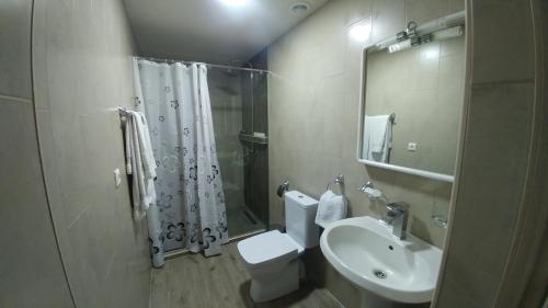 a bathroom with a sink and a shower and a toilet at Cross Apartments and Tours in Yerevan