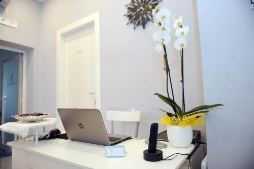 a desk with a laptop and a plant on it at L'Isola Del Postino Rooms in Procida