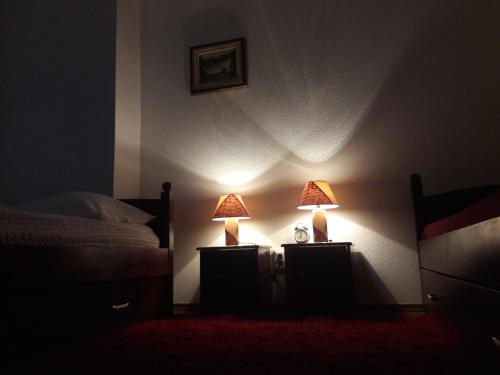 a bedroom with two lamps next to a bed at Apartment Kravica in Ljubuški