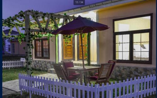 a table and chairs with an umbrella in front of a house at Paradise Investment Resort in Tʼelavi