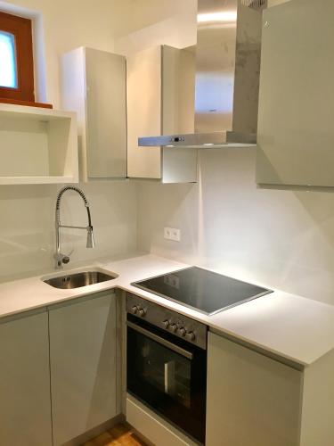 eine Küche mit Spüle und Herd Oberer Backofen in der Unterkunft Apartman Diófa in Keszthely