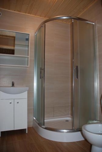 um chuveiro na casa de banho com um WC e um lavatório em AURUM Domki Letniskowe em Pogorzelica