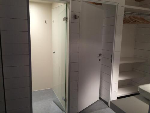 W łazience znajduje się szklana kabina prysznicowa i umywalka. w obiekcie Bed and Breakfast Art w mieście Zedelgem