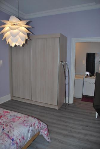 1 dormitorio con cama y lámpara de araña en Les Ambassadeurs, en Vichy