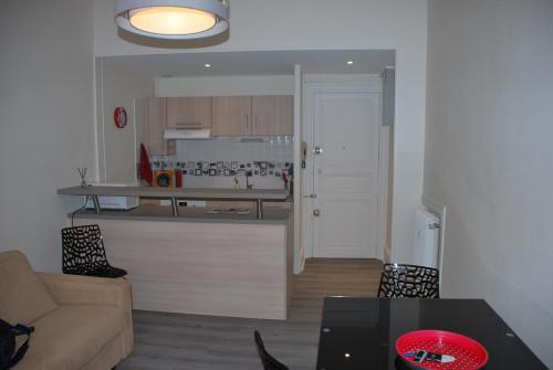 un salon avec un canapé et une cuisine dans l'établissement Les Ambassadeurs, à Vichy