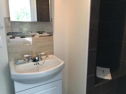 a bathroom with a sink and a shower at Objectif Santé in Longueuil