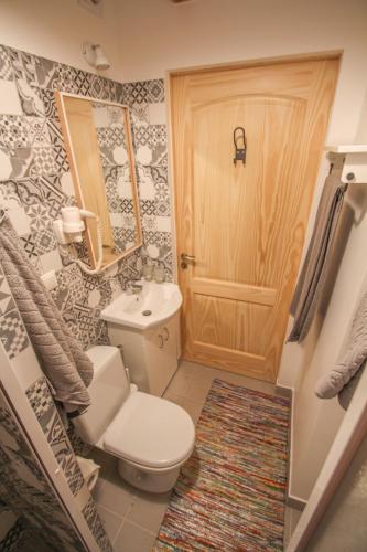 a small bathroom with a toilet and a door at Ligatne Homestay in Līgatne