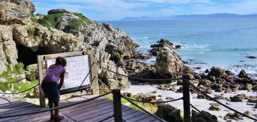 a woman standing on a boardwalk looking at the ocean at Kleinzee Oceanfront Guesthouse in Gansbaai