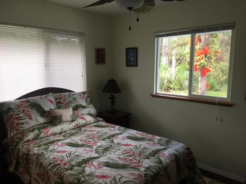 1 dormitorio con cama y ventana en Aloha Big Island Paradise en Mountain View
