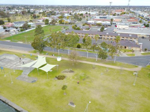 an aerial view of a park with a skate park at Lakeview Motel in Yarrawonga