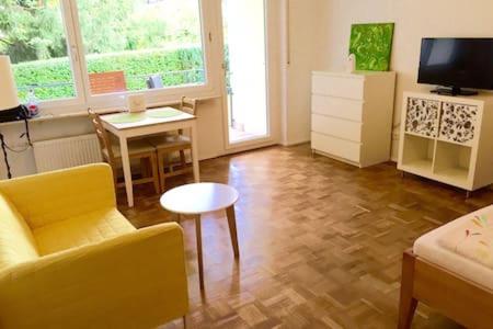 ein Wohnzimmer mit einem gelben Sofa und einem TV in der Unterkunft FeWo "Im Birnaublick" in Konstanz