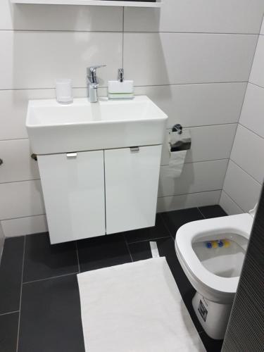 a white bathroom with a sink and a toilet at Apartments Nogic in Peroj