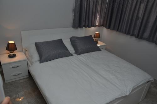 a bed with two pillows on it in a bedroom at Apartments Royal Menex in Požarevac