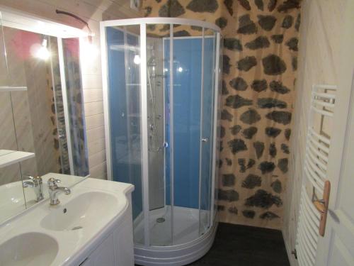 uma casa de banho com um chuveiro e um lavatório. em Gite La Tourterelle em Le Brignon