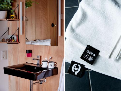 two pictures of a bathroom with a sink and a towel at Q-Factory Hotel in Amsterdam