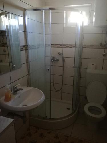 a bathroom with a shower and a sink and a toilet at Apartment Marko in Šibenik
