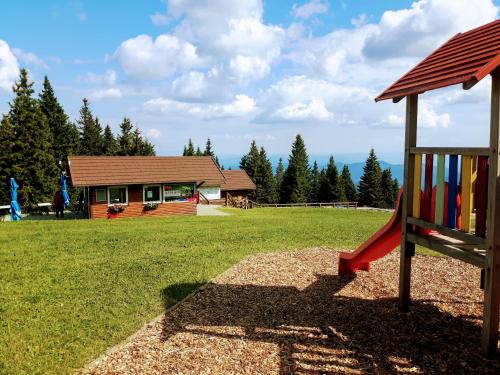a playground with a house and a slide at Apartma David Rogla in Zreče
