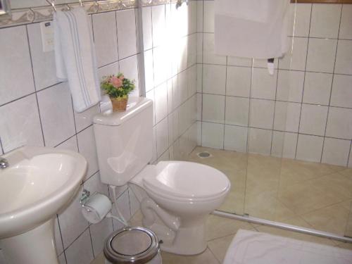 
a white toilet sitting next to a sink in a bathroom at Pousada Alentejano I in Ubatuba
