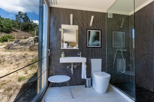 a bathroom with a shower and a sink and a toilet at Casa de Campo De Torneiros in Unhais da Serra