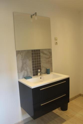 une salle de bain avec un lavabo et un miroir dans l'établissement L'Annexe du Clos d'Esquay, à Esquay-sur-Seulles