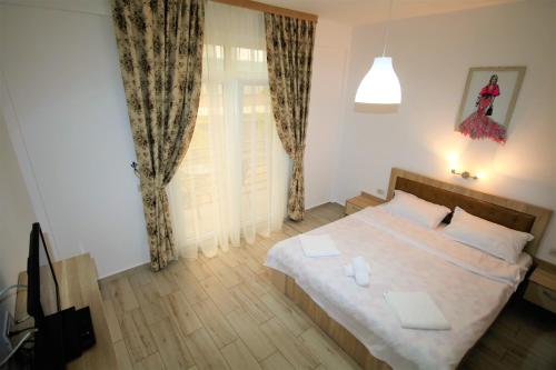 Schlafzimmer mit einem Bett und einem Fenster in der Unterkunft Aby sunrise in Orşova