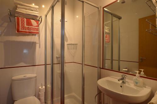 a bathroom with a shower and a toilet and a sink at Pension Asun Sanxenxo in Sanxenxo