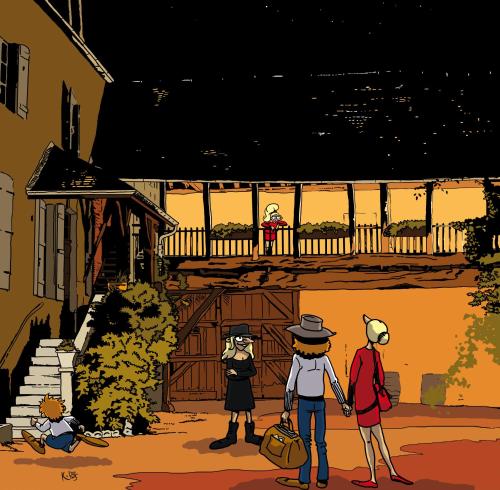 an illustration of a group of people standing outside a house at B&B Esprit d'un Moment in Nolay