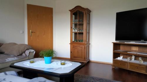 a living room with a tv and a coffee table at Ferienwohnung Stadie in Dörphof