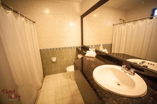a bathroom with a sink and a toilet at Hotel Holly in Mérida