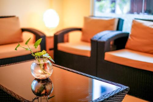 a glass vase with a plant in it on a table at Beach Grand & Spa Premium in Hulhumale