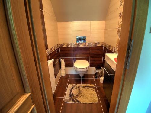 a small bathroom with a toilet and a sink at Vila Veronika in Lednice