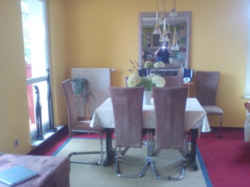 a dining room with a table and some chairs at Ferienwohnung Naturnah in Dresden