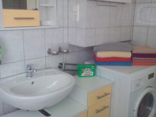 a bathroom with a sink and a washing machine at Ferienwohnung Naturnah in Dresden