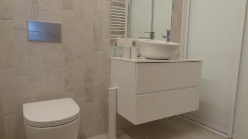 a bathroom with a white toilet and a sink at Rest Apartment Preila in Preila
