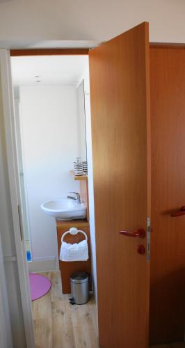 a bathroom with a sink and a wooden door at Petra's garden in Kraj