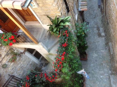an overhead view of a staircase with flowers and plants at Casa Vacanze Storica in Seborga