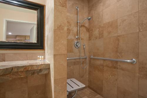 a bathroom with a shower with a toilet and a mirror at Days Inn by Wyndham San Diego Hotel Circle in San Diego