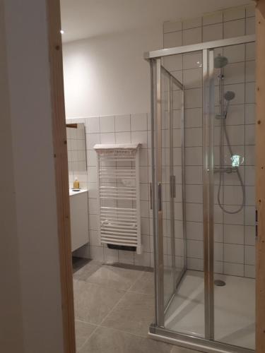 una doccia con una porta in vetro in un bagno di Domaine de la Safranière - Holiday Home a Saint-Léger