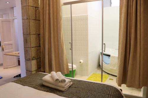 ein Badezimmer mit einer Dusche und zwei Handtüchern auf einem Bett in der Unterkunft Jerusalem Garden Home in Jerusalem