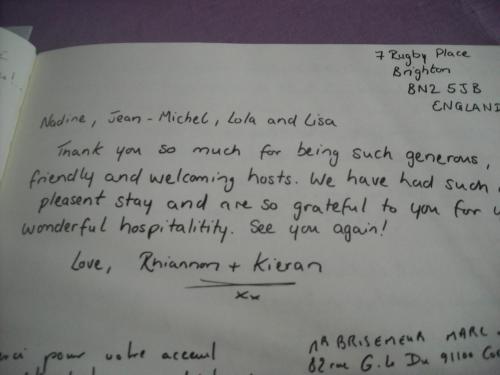 a letter from my mom thanking me for my handwriting at Chambres d'Hôtes des Grands Prés in Argentan