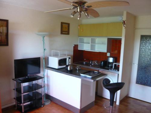 une cuisine avec un comptoir avec un micro-ondes dans l'établissement Appartement à Carqueiranne, à Carqueiranne