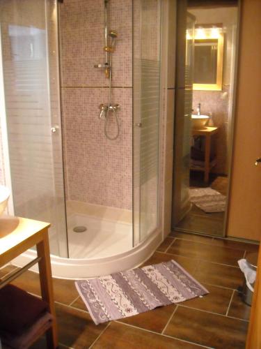 a shower with a glass door in a bathroom at Chambres d'Hôtes des Grands Prés in Argentan