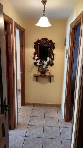 a hallway with a mirror and a vase of flowers at Apartamentos Los Castros in San Tirso de Abres