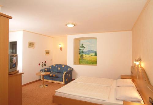 a bedroom with a bed and a chair and a television at Rinchnacher Hof in Rinchnach