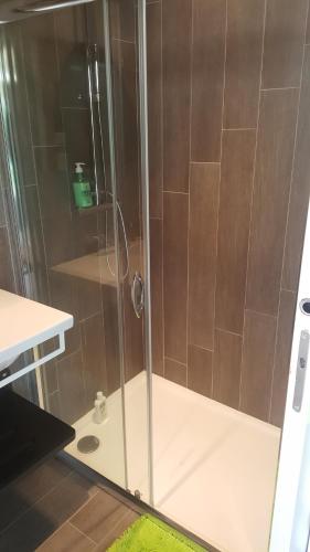 a shower with a glass door in a bathroom at Guest House Ginoux in Rognonas