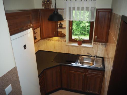 eine Küche mit Holzschränken, einem Waschbecken und einem Fenster in der Unterkunft Willa Zacisze - Apartament dwupoziomowy in Kalwaria Zebrzydowska