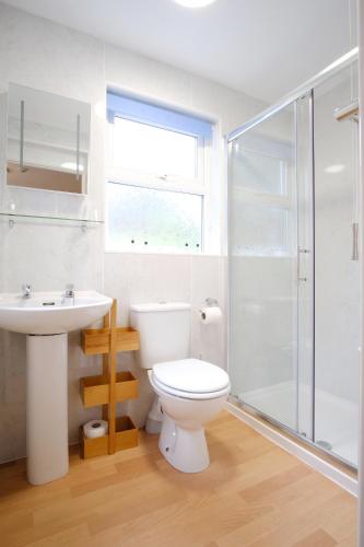 a bathroom with a toilet and a sink and a shower at Brendon Arms in Bude